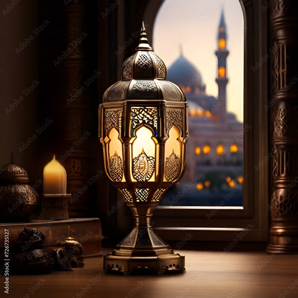 photo of an Islamic lantern lamp with blurred mosque in the background for Eid ul fitr , Eid ul adha and Ramadan Mubarak background, Ramzan Mubarak Poster, Ramadan Kareem banner