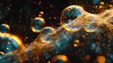  a group of bubbles floating on top of a blue and yellow liquid filled with gold flecks on a black background.
