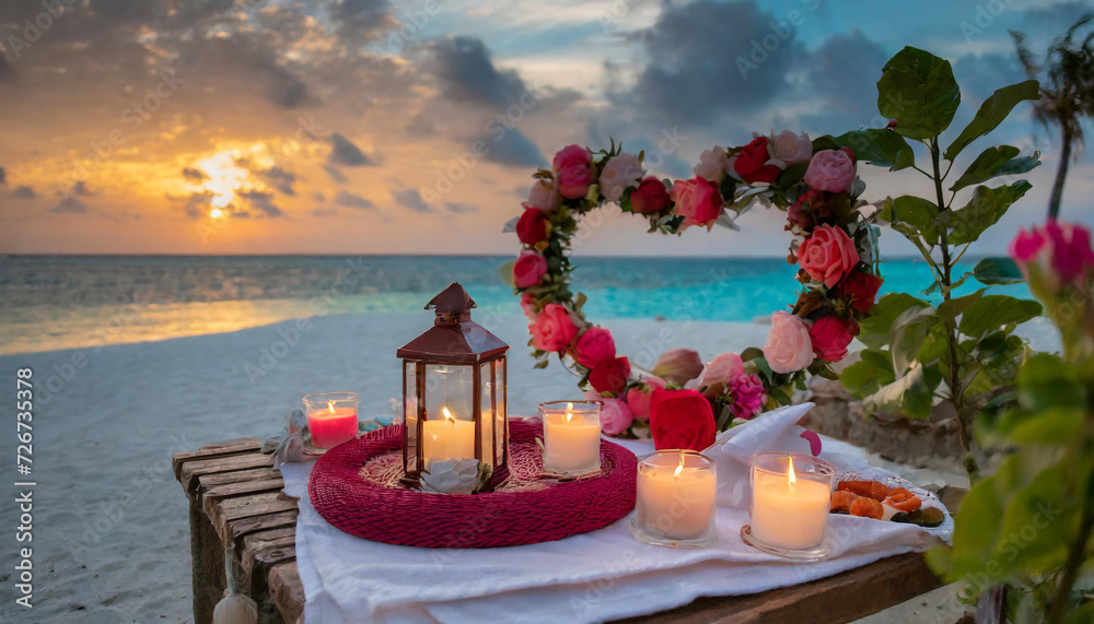 Tropical wedding decoration on the ocean, sunset time, table setting