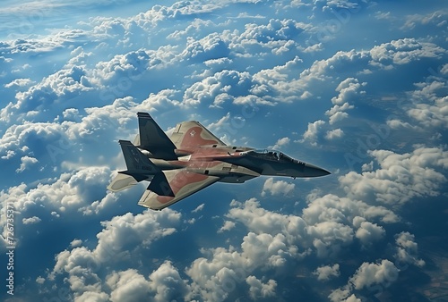 A powerful military jet soars through the clouds, showcasing its impressive wing span and advanced aerospace engineering, while instilling a sense of pride and awe in its viewers photo