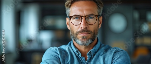 A Man Wearing Glasses and a Blue Shirt. Generative AI.