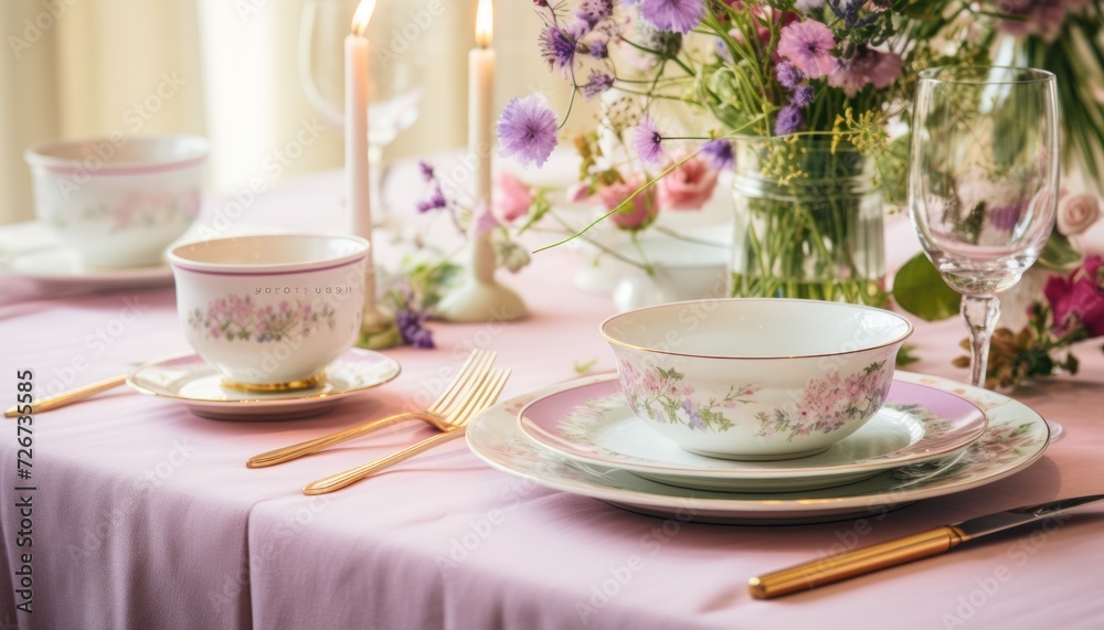  a close up of a plate with a cup and saucer on a table with a vase of flowers in the background.
