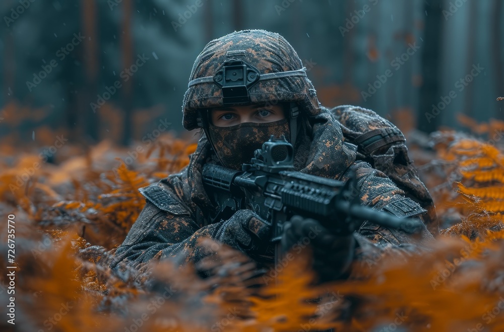 A heavily armed man blends into the outdoor landscape with his camouflage gear and firearm, ready for action with his helmet, ballistic vest, and a variety of ranged weapons including a machine gun, A heavily armed man blends into the outdoor landscape with his camouflage gear and firearm, ready for action with his helmet, ballistic vest, and a variety of ranged weapons including a machine gun,