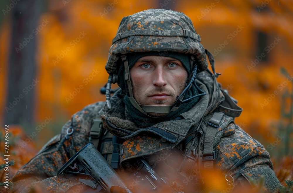 A stoic soldier blends into nature, armed and ready for any battle that may come his way A stoic soldier blends into nature, armed and ready for any battle that may come his way