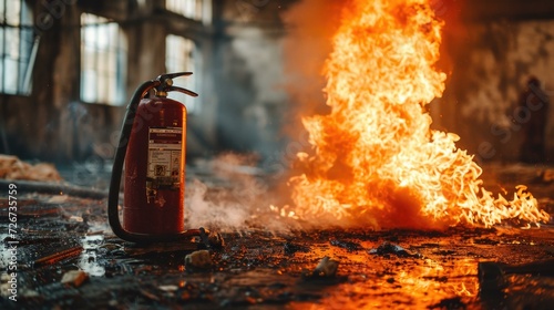 Fire extinguisher in a burning building. Generative AI. photo