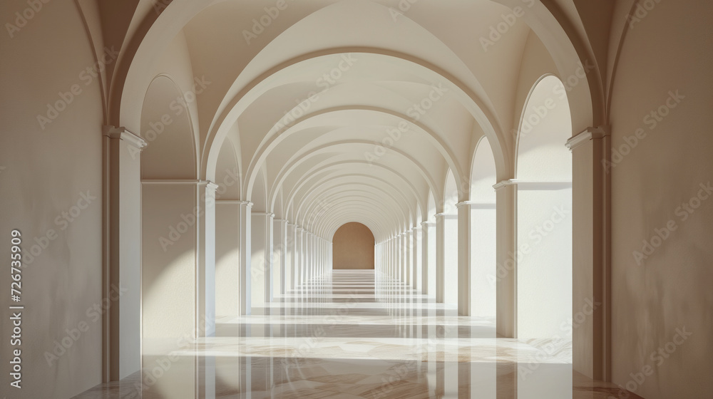 Photo of a empty white corridor under arches with a marble floor.