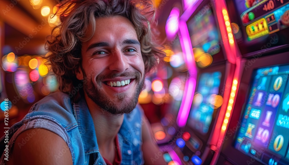 A Man Smiles as He Plays a Slot Machine. Generative AI.