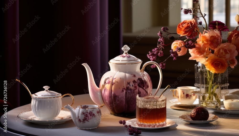 a table topped with a vase of flowers next to a tea pot and a plate with a cup on it. a table topped with a vase of flowers next to a tea pot and a plate with a cup on it.