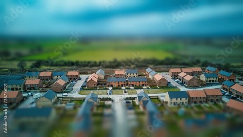 Tilt-shift aerial view of a suburban neighborhood with houses and roads, creating a miniature effect. photo