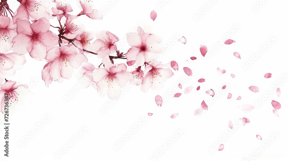  a close up of a pink flower on a branch with petals flying in the air on a white background with space for text.