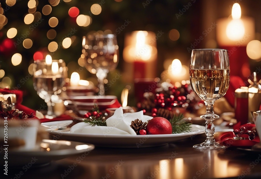 Beautiful dinner table close-up with Christmas decoration, plate and glasses