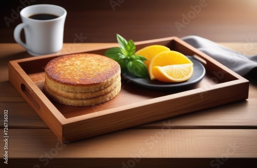A stack of golden-brown pancakes sits on a wooden tray beside a cup of coffee and slices of fresh orange, with garnish, on a wooden table