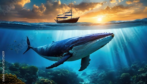 Silhouette of a blue whale swimming under the ocean with fishing boat and fisherman 