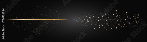 Two stripes with glitter and bokeh. Gold colored stripes with sparkling sparkles on a black background. Design element for text decoration. Template for invitation, advertisement, brochure, etc.