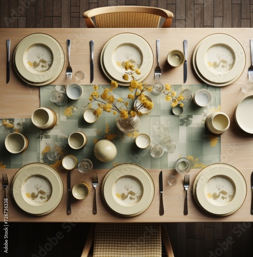  a table that has a bunch of plates and silverware on it and a vase with yellow flowers in it.