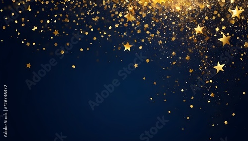 Abstract background with dark blue and gold particle and golden shiny star dust, Christmas feeling, Gold foil texture. Holiday concept.  Gold foil texture, postcard. Generative AI photo