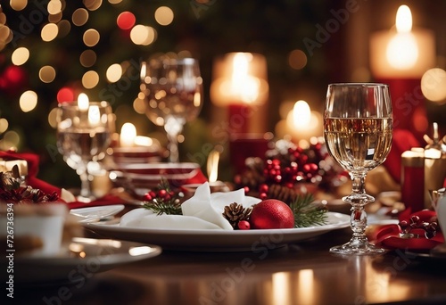 Beautiful dinner table close-up with Christmas decoration  plate and glasses
