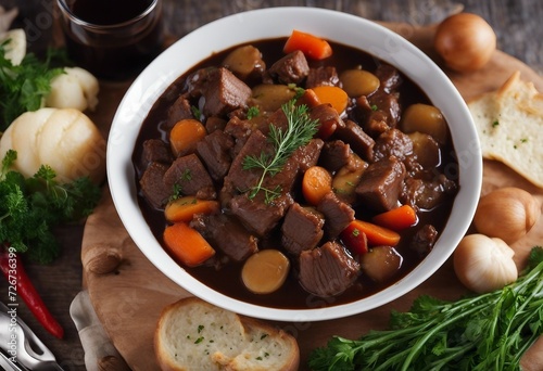 A traditional French beef stew in red wine sauce and vegetables