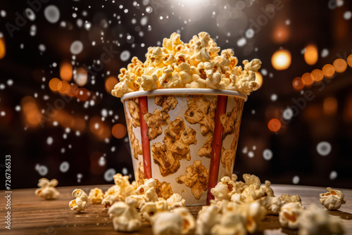 Indulge in the perfect movie night with enticing snacks. A close up view of delicious popcorn, elevating the cinematic experience.