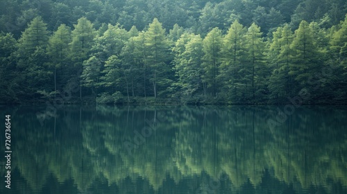  a forest filled with lots of green trees next to a body of water with lots of water in front of it.