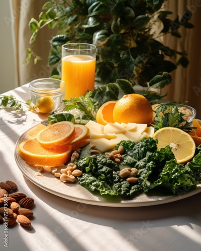  a plate of oranges, kale, almonds, and a glass of orange juice on a table.