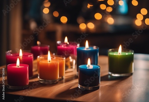 Group of colorful candles on a table in a living room bright colors