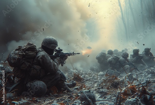 Amidst the dense trees, a squad of soldiers brandishes their weapons, ready for the violent action-adventure that awaits in this intense outdoor battle scene reminiscent of an action film photo