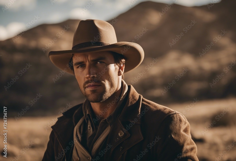 Portrait of a handsome cowboy with hat in western movie style