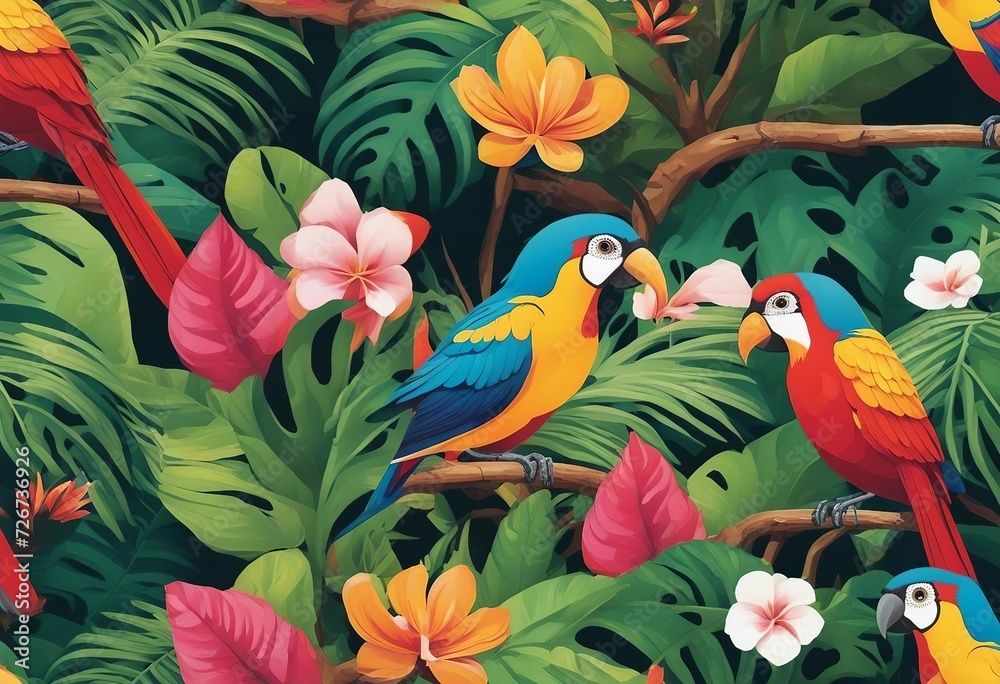 Seamless pattern background influenced by the organic forms parrots or sparrows and vibrant colors of tropical rainfores