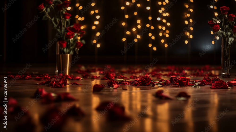 Romantic Ambiance with Rose Petals and Warm Candlelight for Valentine's Celebration