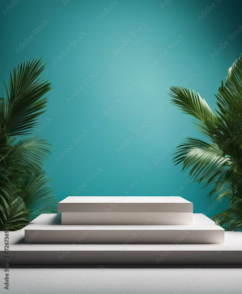 Fototapeta premium A simple podium platform mockup featuring tropical palm fronds on a blue backdrop, intended for product presentation.