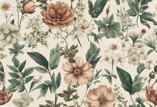 Seamless pattern background featuring a collection of vintage botanical illustrations with flowers and leaves