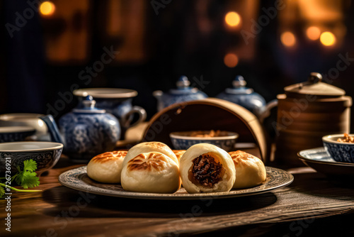 Capture the sizzling allure of Chinese meat pies on the grill with a tantalizing close up. Irresistible aroma and golden perfection in every detail.