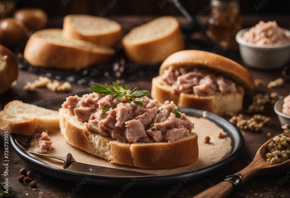 Homemade Rillettes French sandwiches with meat spread made of pork on baguette bread