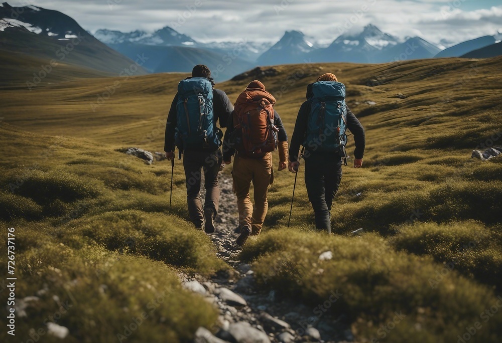View of three backpackers walking up the mountain in beautiful remote arctic wilderness