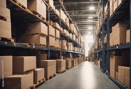 Retail warehouse full of shelves, pallets and forklifts with goods in cartons © FrameFinesse