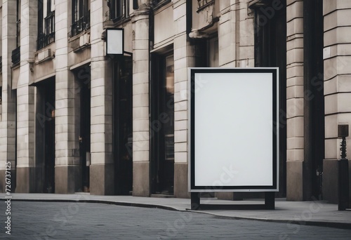 Vertical white blank billboard on the city street with a building behind and a copy space