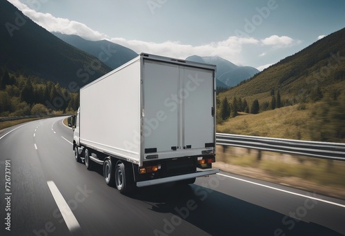 White cargo truck with a white blank empty trailer on highway road with beautiful nature mountains View from Behind