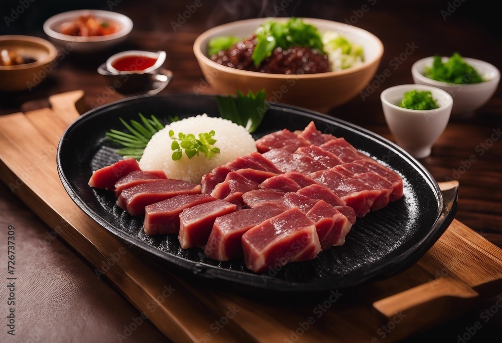 Yakiniku Japanese bbq with raw beef meat dish on the side Yakiniku Japanese bbq with raw beef meat dish on the side