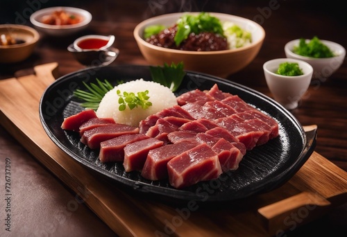 Yakiniku Japanese bbq with raw beef meat dish on the side