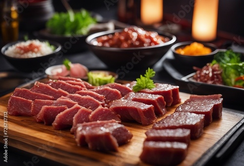 Yakiniku Japanese bbq with raw beef meat dish on the wooden board