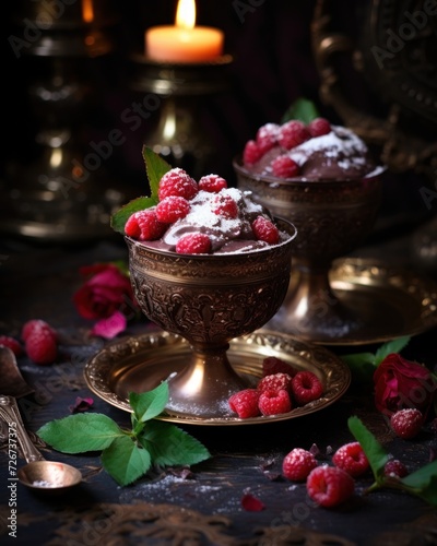 a close up of a bowl of food with raspberries on a plate with a candle in the background.