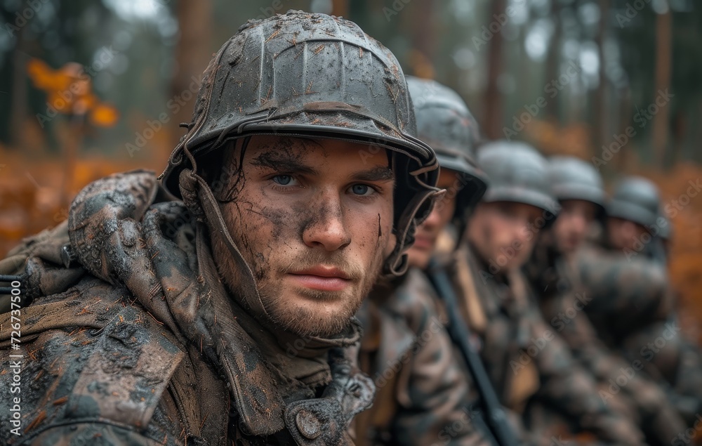 A squad of camouflaged soldiers, armed with rifles and donning helmets and ballistic vests, stand stoically in formation, embodying the strength and bravery of the military organization they represen