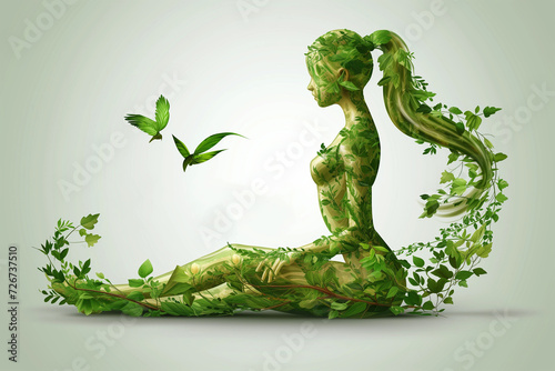 Women silhouette touched with green plants, birds, Eco friendly