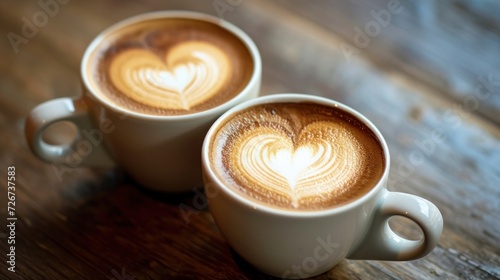  two cups of coffee on a wooden table with a heart pattern in the foam on the top of the cups.