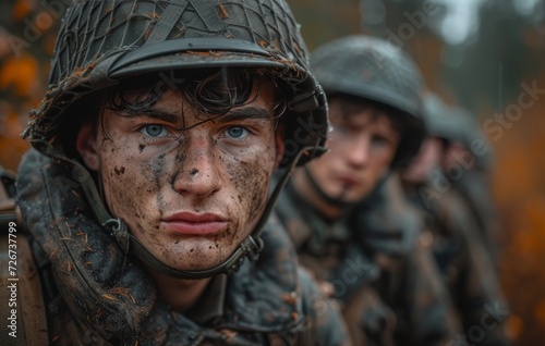 A team of rugged soldiers, their faces marked with determination, stand in the midst of a lush outdoor landscape, clad in camouflaged military uniforms, complete with helmets and ballistic vests, rea © Larisa AI