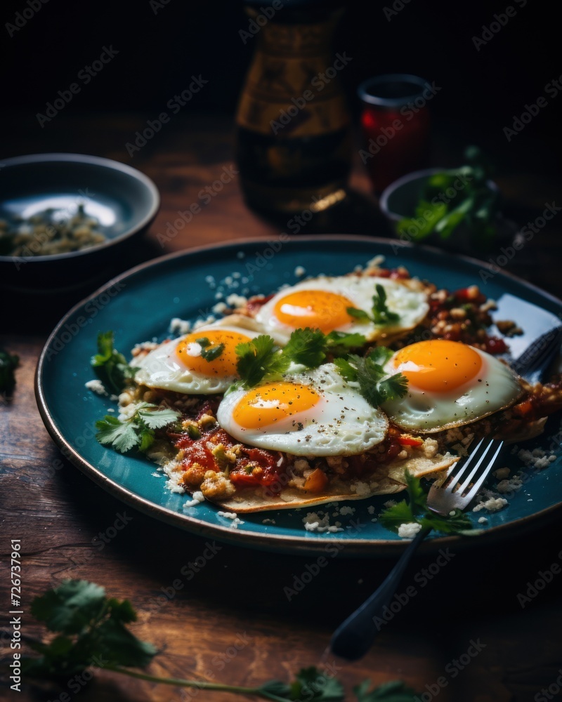 three fried eggs on top of a bed of rice on a blue plate with a fork on a wooden table. three fried eggs on top of a bed of rice on a blue plate with a fork on a wooden table.