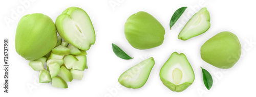 fresh Chayote vegetable isolated on white background. Top view. Flat lay