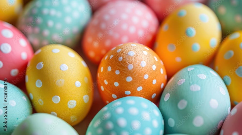  a close up of a group of eggs with polka dots on the top of each egg, with one egg in the middle of the group, and one in the middle of the group.