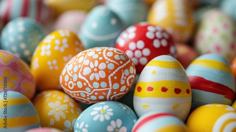  a pile of colorfully painted eggs sitting on top of a pile of other colored eggs on top of each other.